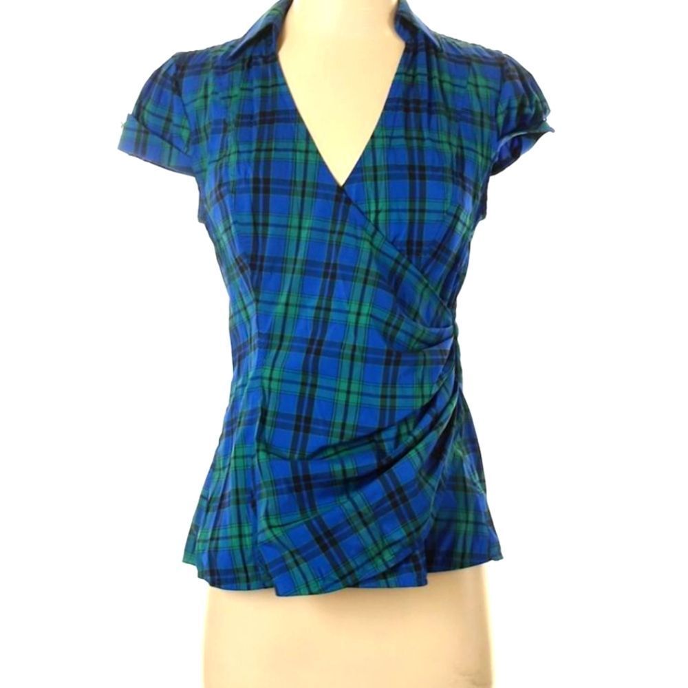 Express‎ Y2k Women's Blue Green Plaid Fitted Short Sleeve Top Size Small Preppy